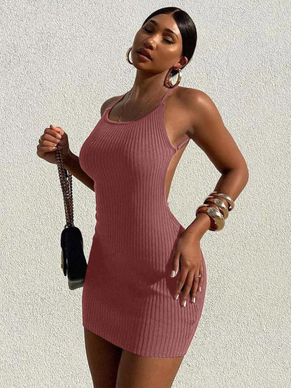 Solid Color Knitted Halterneck Sleeveless Bodycon Mini Dresses