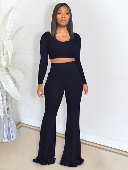 Leisure Solid Color Long Sleeve Top High-Waisted Flared Pants Sports Suit