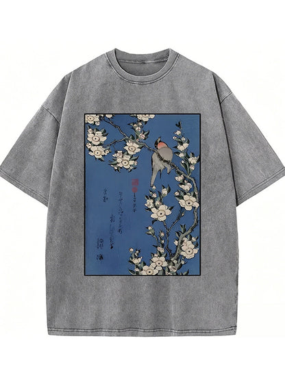 Japanese Bird And Wood Painting Washed T-shirt