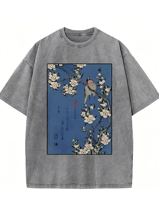 Japanese Bird And Wood Painting Washed T-shirt