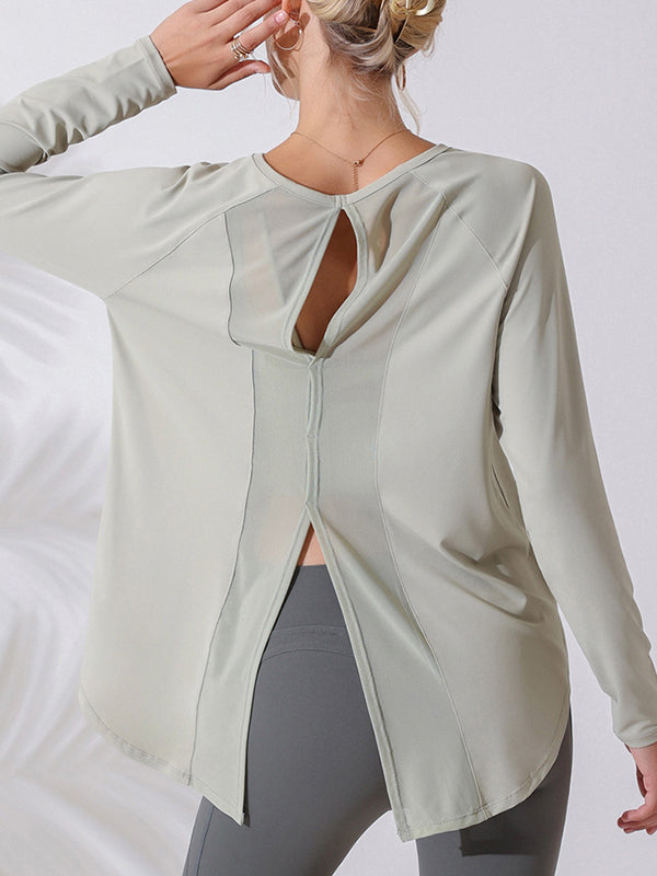 Long Sleeves Loose Hollow Solid Color Round-Neck Yoga Tops