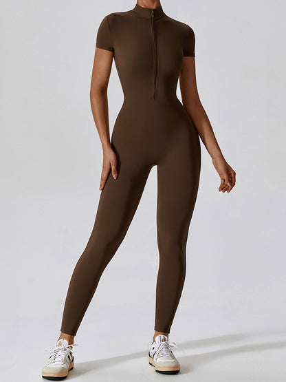 Wrap Solid Color Zipper High-Neck Yoga Jumpsuits