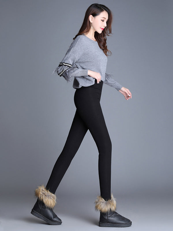 Casual Skinny With Velvet Keep Warm Solid Color Leggings