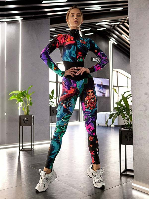 Long Sleeves Printed Split-Joint Zipper Jumpsuits