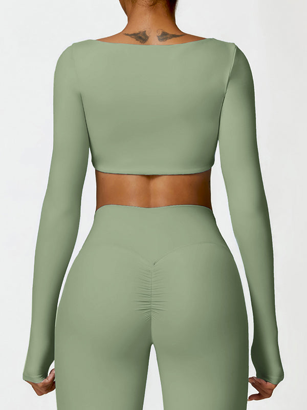 Skinny Wrap Solid Color Square-Neck Yoga Tops