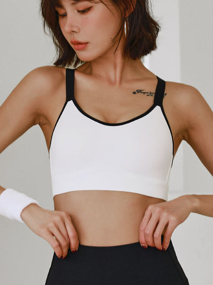 Skinny Wrap Back Cross Color-Block Spaghetti-Neck Sports Bra