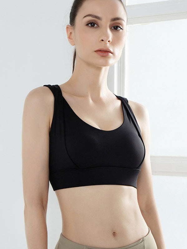 Wrap Back Cross Hollow Solid Color Spaghetti-Neck Sports Bra