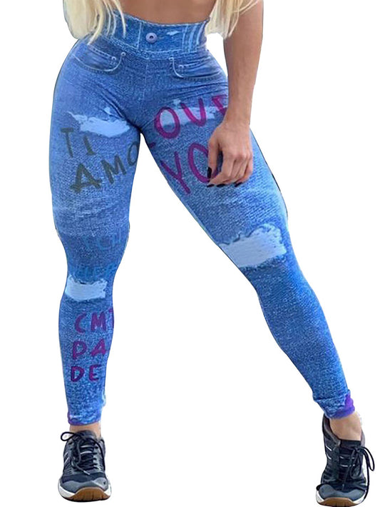 Printed Denim Skinny Hip Raise Leggings