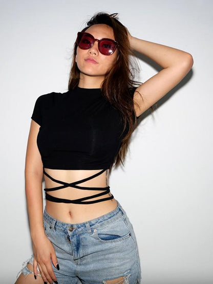 Sexy Solid Bandage Wrap Exposed Navel T-Shirts Tops