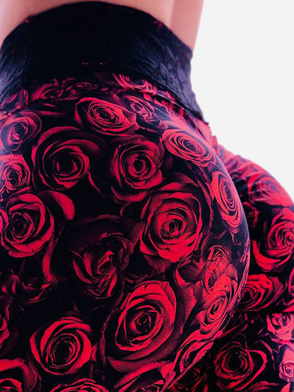 Red Rose Print Yoga Leggings