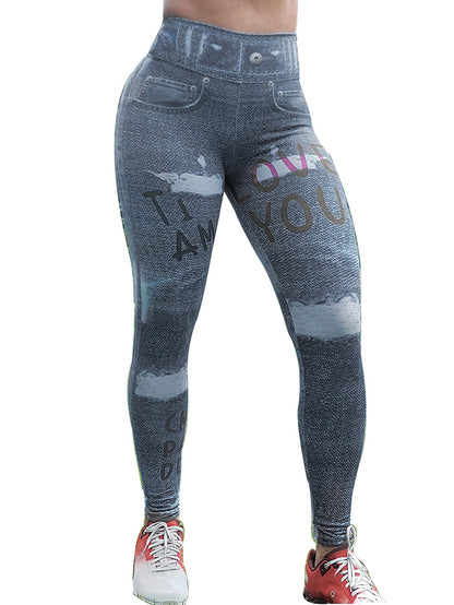 Printed Denim Skinny Hip Raise Leggings