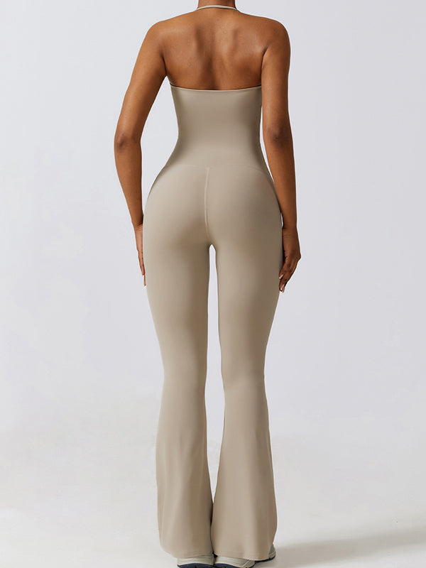 Flared Pants Skinny Leg Backless Detachable Solid Color Halter-Neck Jumpsuits