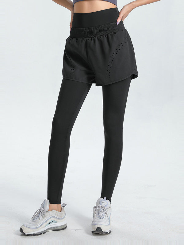 False Two Wrap High-Waisted Solid Color Sports Shorts&Leggings