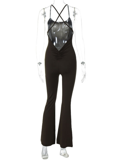 Skinny Wrap Back Cross Hollow Solid Color Spaghetti-Neck Jumpsuits