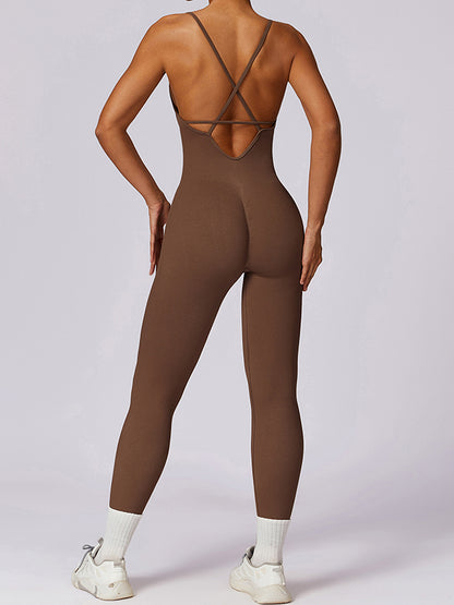 Skinny Wrap Back Cross Hollow Solid Color Spaghetti-Neck Jumpsuits