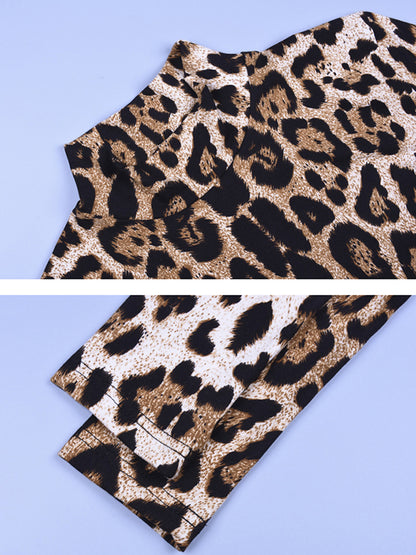 Long Sleeves Wrap Leopard High-Neck Bodysuits