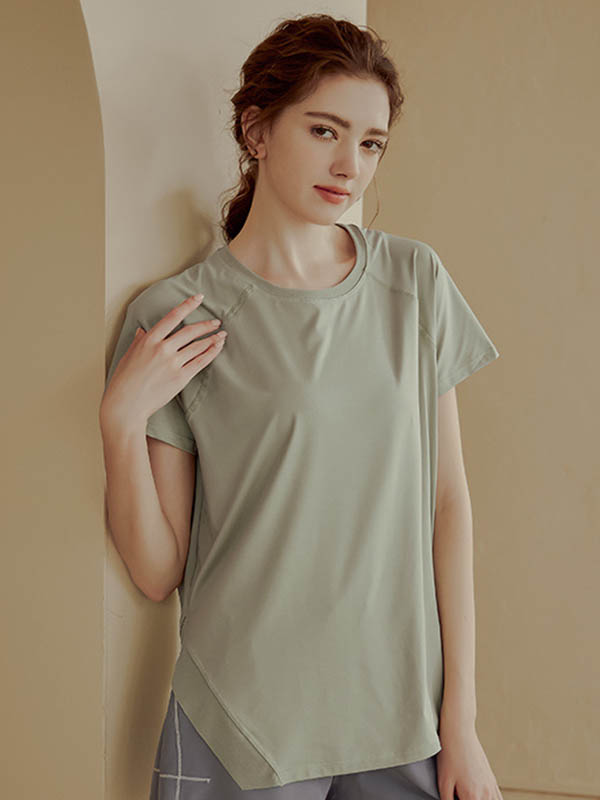 Loose Short Sleeves Solid Color Split-Side Round-Neck Yoga Tops