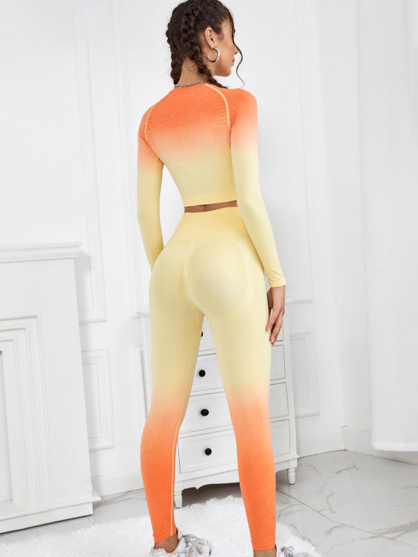 Long Sleeves Skinny Gradient Round-Neck Tee&Leggings Solid Color Suits