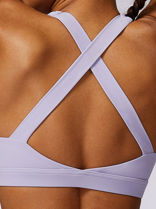 Skinny Wrap Back Cross Hollow Solid Color Square-Neck Sports Bra