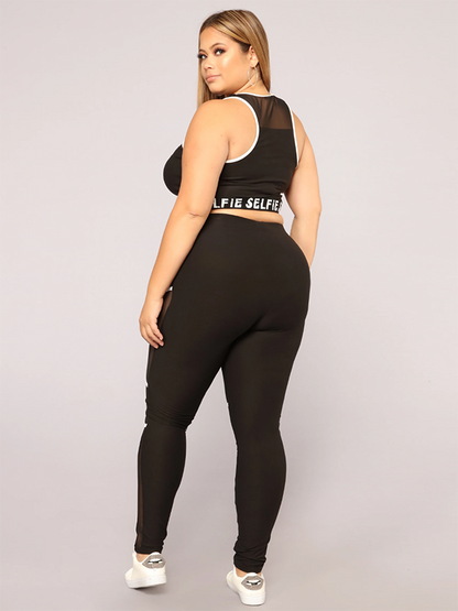 Plus Size Color-Block Letter Print Mesh Split-Joint Round-Neck Bra&Leggings Suits