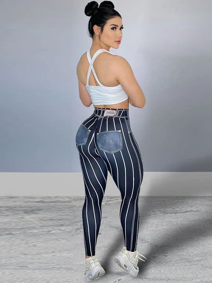 Skinny Contrast Color Printed Striped Leggings