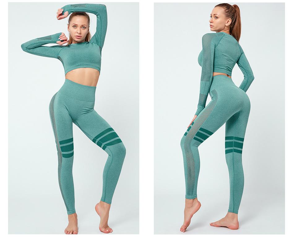 Mesh Hollow Striped Bare Midriff Yoga Suits