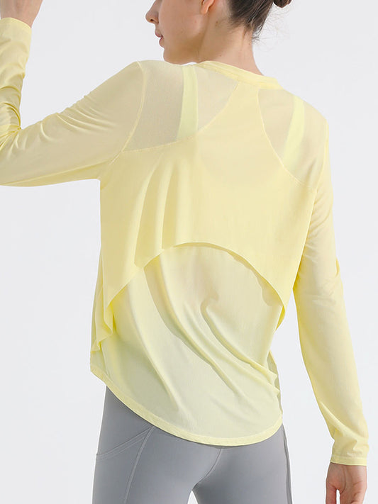 Long Sleeves Loose Breathable Solid Color Round-Neck Yoga Tops