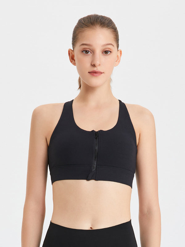 Skinny Wrap Solid Color Zipper Spaghetti-Neck Sports Bra