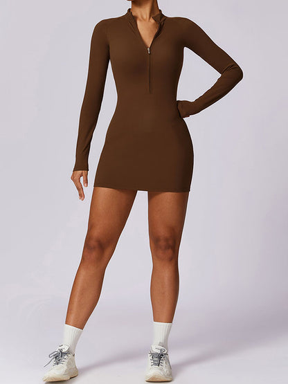 Long Sleeves Skinny Solid Color Zipper Round-Neck Mini Dresses