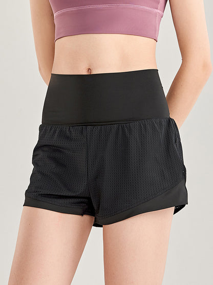 False Two Wrap Yoga Bottoms High-Waisted Pockets Solid Color Shorts