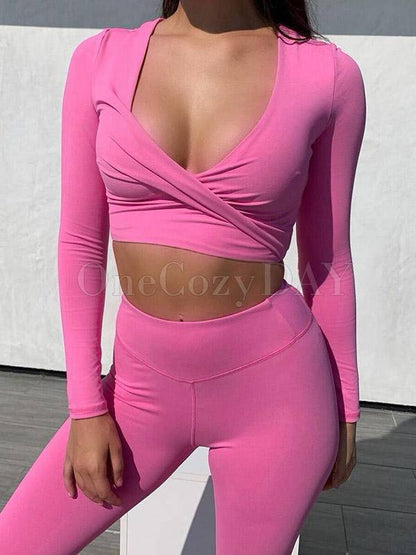 V-Neck Long Sleeves Exposed Navel Suits