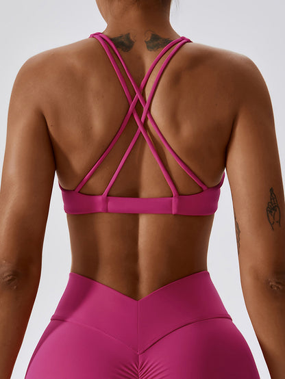 Wrap Back Cross Hollow Solid Color V-Neck Sports Bra