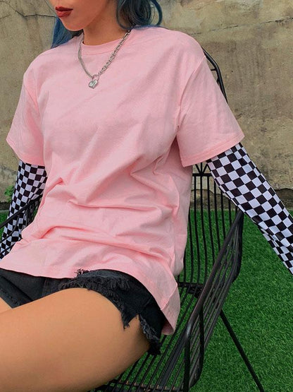 Fashion Square Plaid Sleeves T-shirt