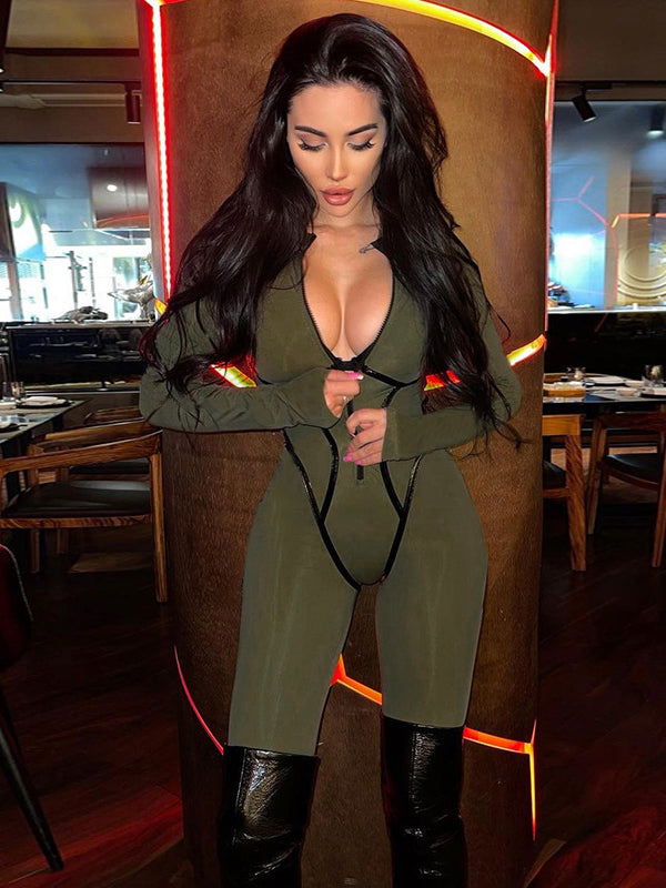 Skinny Wrap Solid Color Zipper V-Neck Jumpsuits