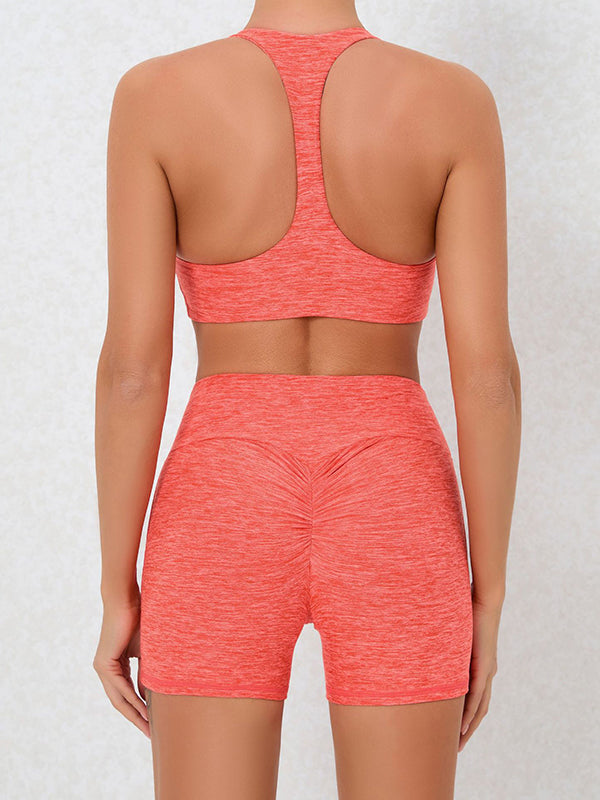 Skinny Hollow Pockets Solid Color Halter-Neck Sports Bra&Shorts Suits