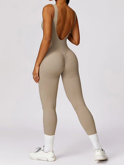 Skinny Wrap Backless Solid Color V-Back Round-Neck Jumpsuits