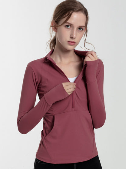 Solid Color Breathable Quick-Dry Zipper Collar Long Sleeves Wrap Sport Tee