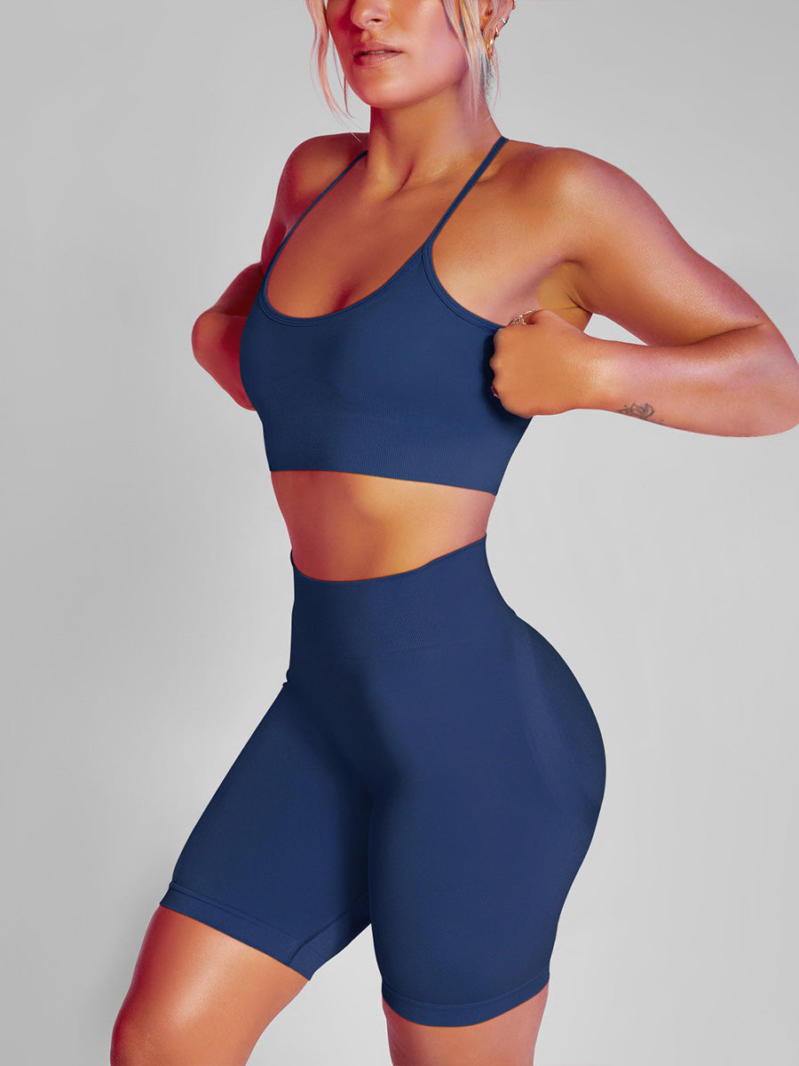 Solid Color Back Crossover Bra & Leggings Sports Suits