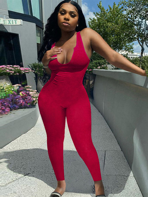 Knitted Solid Color Sleeveless Sports Jumpsuits