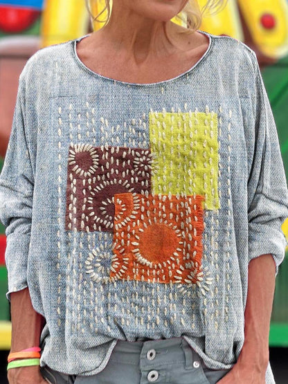 Women's Vintage Flower Pattern Splicing Art Print T-shirt