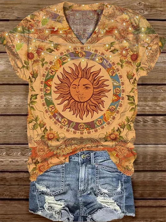 Sunflower Art Vintage Illustration Print Casual T-shirt