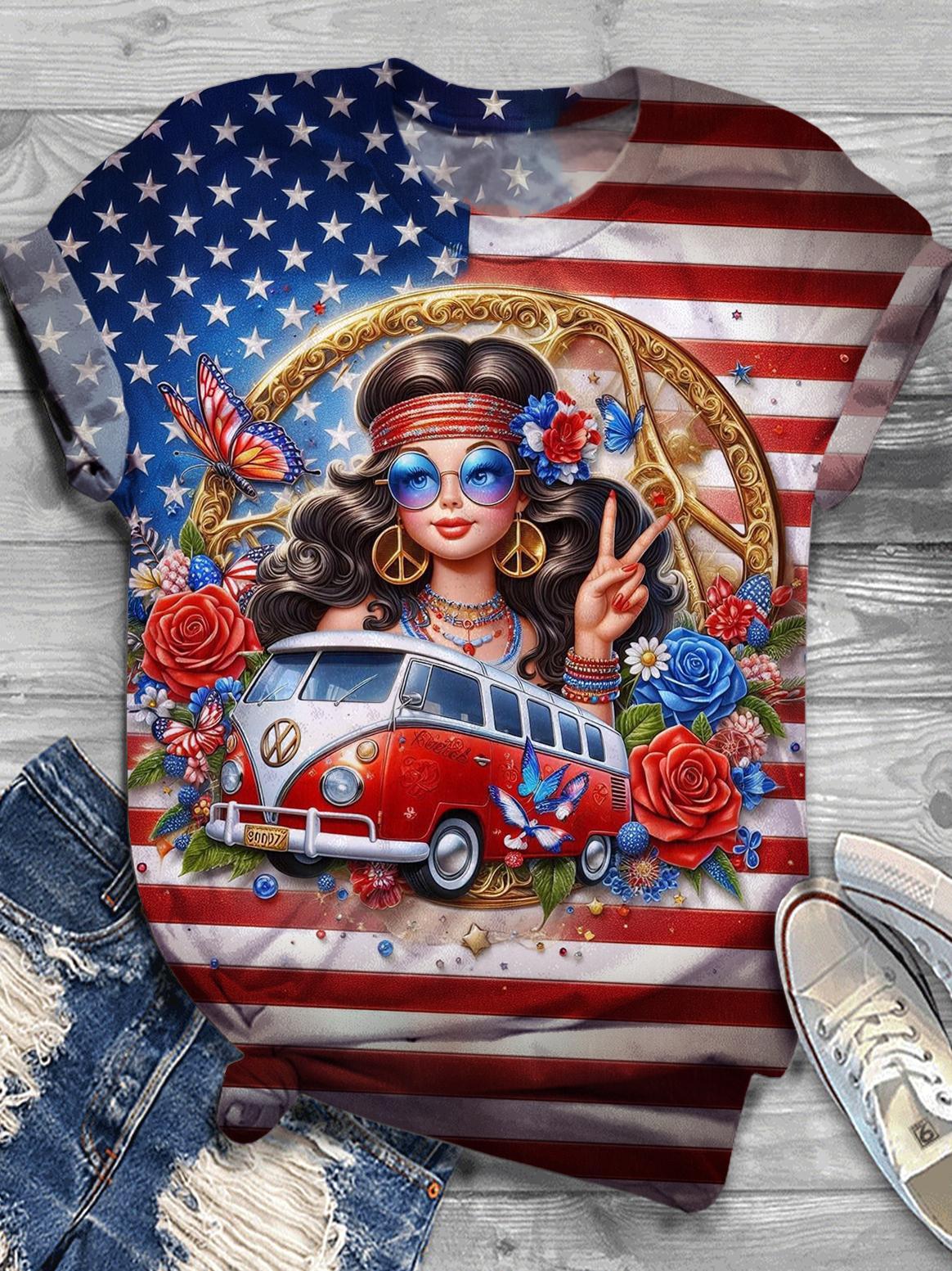 4Th Of July Hippie Girl With Peace Van And Roses Graphic Women's Round Neck Short Sleeve T-shirt