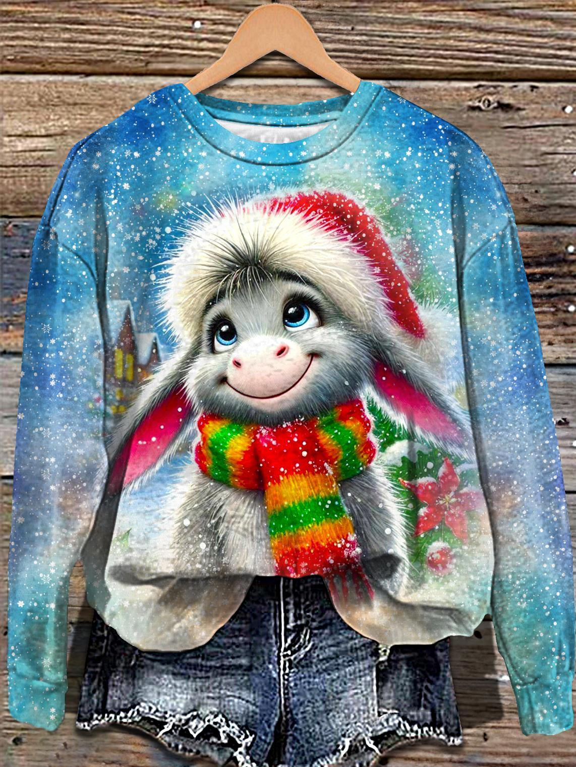 Christmas Cute Donkey Print Long Sleeve Casual Top