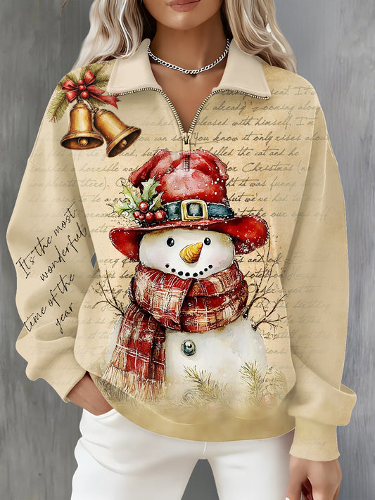 Retro Envelope Snowman Long Sleeve Zipper Sweatshirt