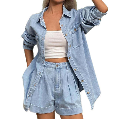 Womens Denim Set 2 Piece Button Up Shirt and Pleated Shorts Summer Jean Matching Set for Beach Streetwear present