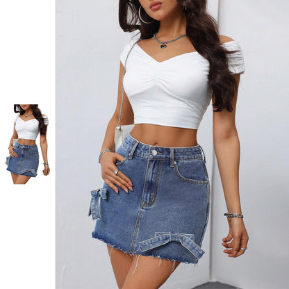 Denim Mini Skirt Front Bow Casual Middle Waist Womens Bodycon Denim Skirts with Pockets for Vacation Travel feasible