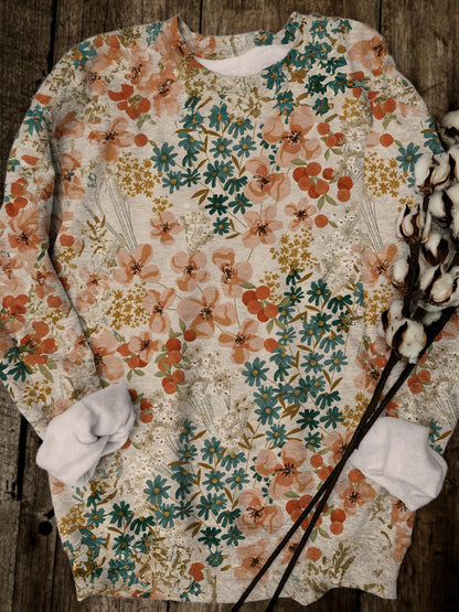 Women's Retro Flowers Printed Long Sleeve Casual Top