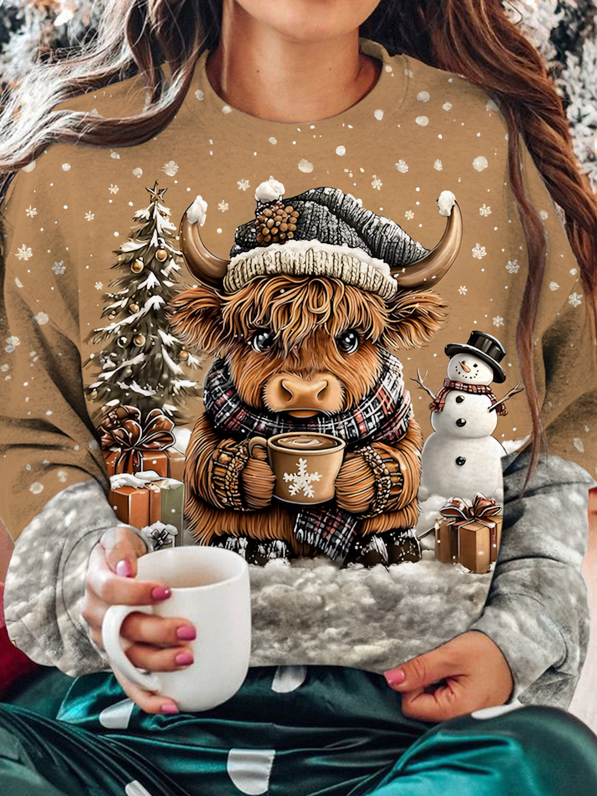 Cute Christmas Highland Cow Printed Long Sleeve Casual Top