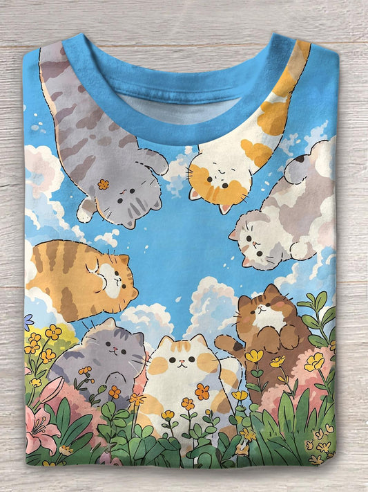 Garden Cartoon Cat Women's Crewneck Short-sleeved T-shirt