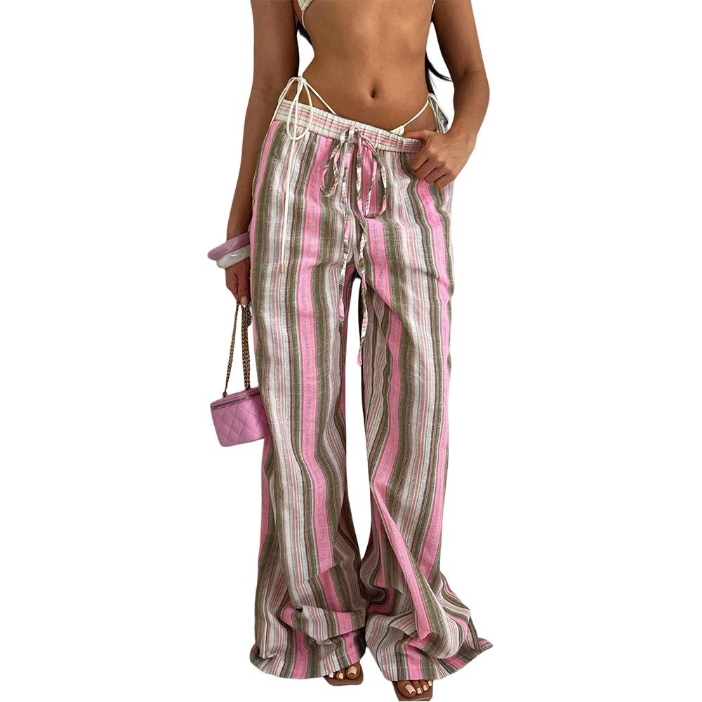 Striped Pants Women Elastic Waist Casual Loose Fit Fashion Summer Wide Leg Trousers for Party Daily Wear diplomatic